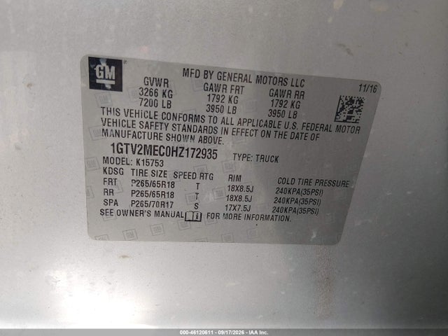 46120611 :رقم المزاد ، 1GTV2MEC0HZ172935 vin ، 2017 Gmc Sierra 1500 Sle مزاد بيع