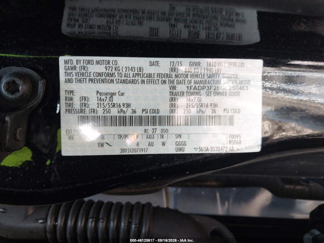 46120617 :رقم المزاد ، 1FADP3F28GL250463 vin ، 2016 Ford Focus Se مزاد بيع