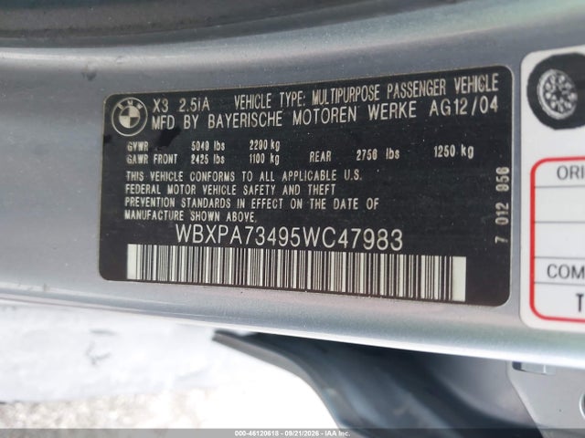 Продаж на аукціоні авто 2005 Bmw X3 2.5i, vin: WBXPA73495WC47983, номер лоту: 46120618