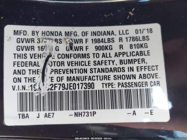 46120619 :رقم المزاد ، 19XFC2F79JE017390 vin ، 2018 Honda Civic Ex مزاد بيع