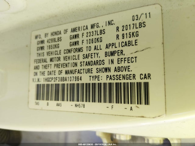 2011 Honda Accord 2.4 Lx მანქანა იყიდება აუქციონზე, vin: 1HGCP2F38BA107964, აუქციონის ნომერი: 46120630