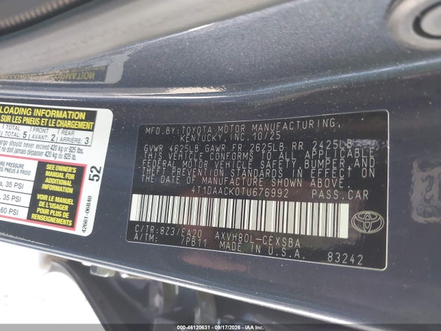 46120631 :رقم المزاد ، 4T1DAACK0TU676992 vin ، 2026 Toyota Camry Se مزاد بيع