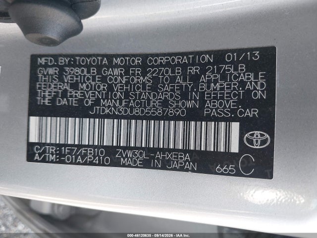 Aukcja sprzedaży 2013 Toyota Prius Three, vin: JTDKN3DU8D5587890, numer aukcji: 46120635