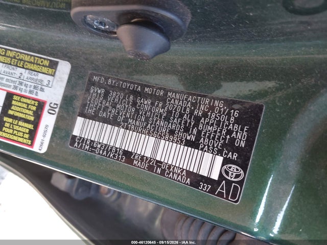 Aukcja sprzedaży 2016 Toyota Corolla Le, vin: 2T1BURHE5GC589953, numer aukcji: 46120645