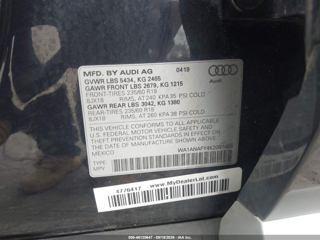 46120647 :رقم المزاد ، WA1ANAFY4K2097469 vin ، 2019 Audi Q5 45 Premium مزاد بيع
