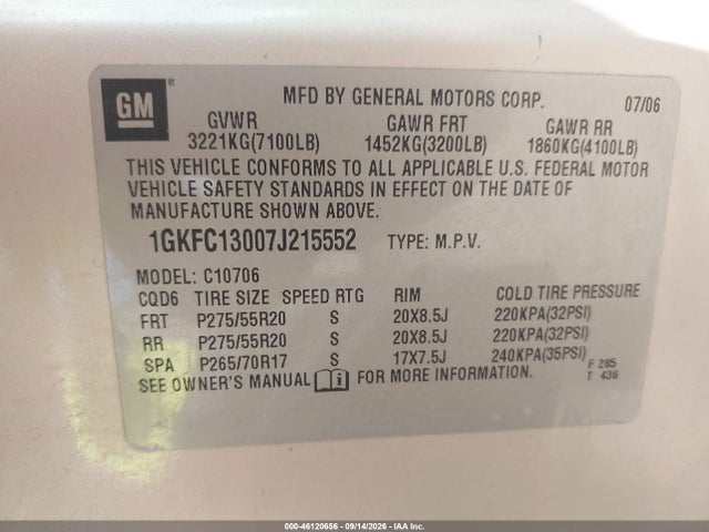 2007 Gmc Yukon Slt მანქანა იყიდება აუქციონზე, vin: 1GKFC13007J215552, აუქციონის ნომერი: 46120656
