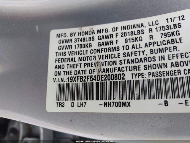 2013 Honda Civic Lx მანქანა იყიდება აუქციონზე, vin: 19XFB2F54DE200802, აუქციონის ნომერი: 46120674