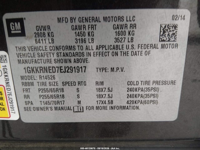 Auction sale of the 2014 Gmc Acadia Sle-1, vin: 1GKKRNED7EJ291917, lot number: 46120678