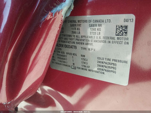46120693 :رقم المزاد ، 2GNALDEK1D6334779 vin ، 2013 Chevrolet Equinox 1lt مزاد بيع