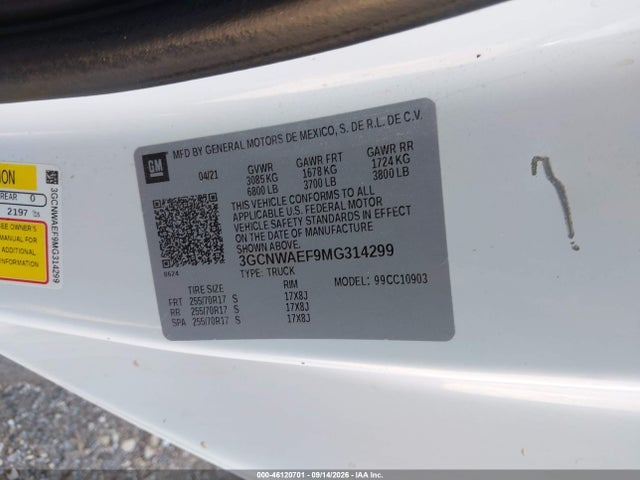 Продажа на аукционе авто 2021 Chevrolet Silverado 1500 2wd  Long Bed Wt, vin: 3GCNWAEF9MG314299, номер лота: 46120701