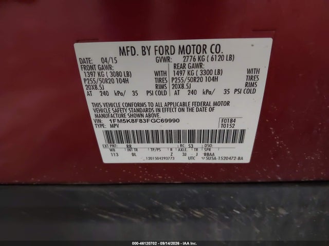 Aukcja sprzedaży 2015 Ford Explorer Limited, vin: 1FM5K8F83FGC69990, numer aukcji: 46120702
