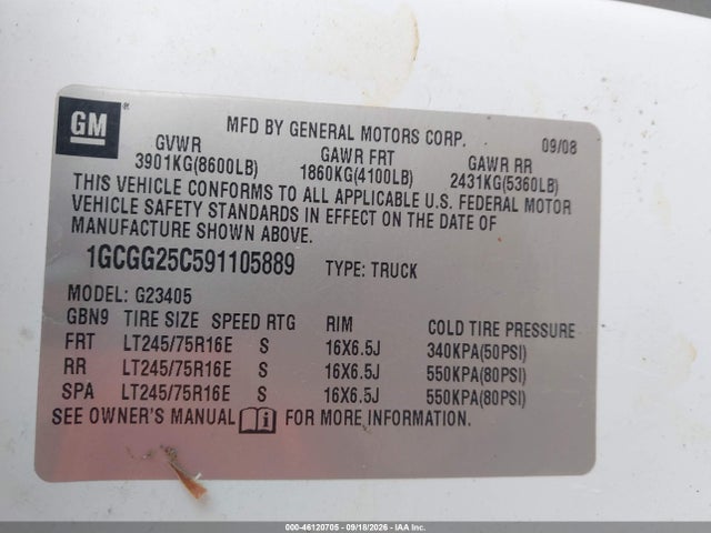 Aukcja sprzedaży 2009 Chevrolet Express 2500 Work Van, vin: 1GCGG25C591105889, numer aukcji: 46120705