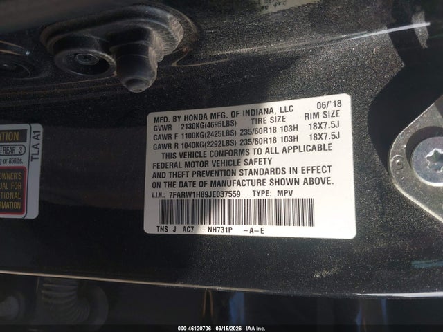 Aukcja sprzedaży 2018 Honda Cr-v Ex-l/ex-l Navi, vin: 7FARW1H89JE037559, numer aukcji: 46120706