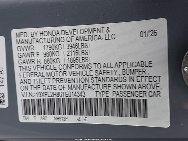 Aukcja sprzedaży 2026 Honda Civic Sport, vin: 19XFL2H86TE014343, numer aukcji: 46120710