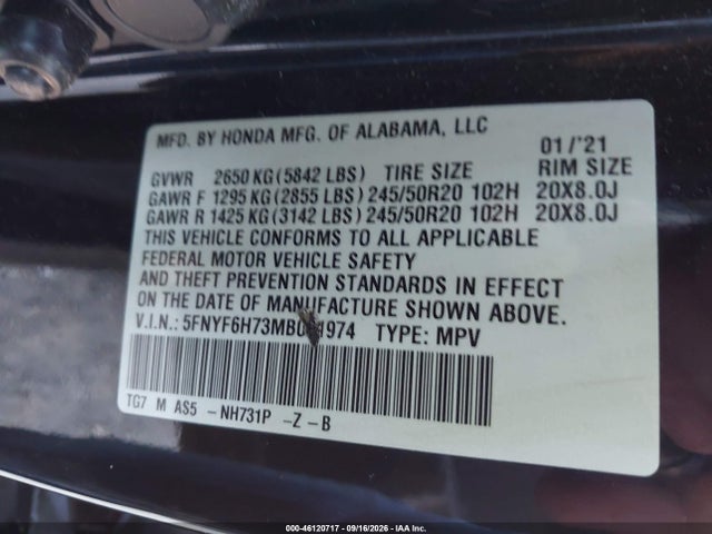 Продажа на аукционе авто 2021 Honda Pilot Awd Black Edition, vin: 5FNYF6H73MB051974, номер лота: 46120717