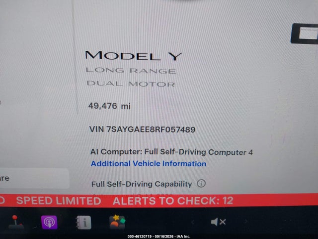 2024 Tesla Model Y Long Range Dual Motor All-wheel Drive მანქანა იყიდება აუქციონზე, vin: 7SAYGAEE8RF057489, აუქციონის ნომერი: 46120719