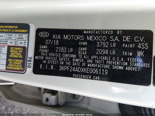 2019 Kia Forte Lxs მანქანა იყიდება აუქციონზე, vin: 3KPF24ADXKE006119, აუქციონის ნომერი: 46120726