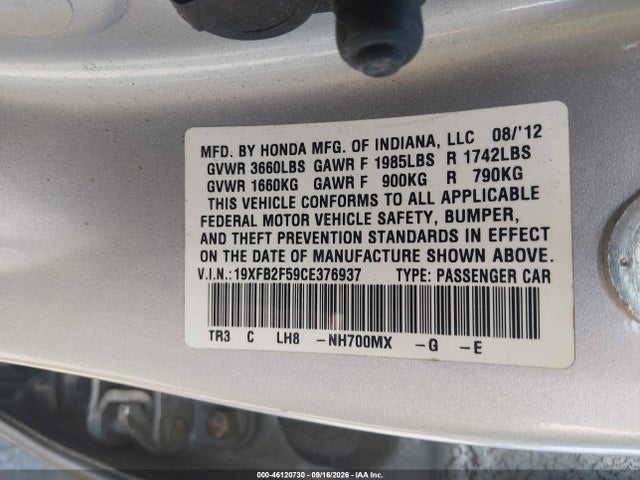 Продажа на аукционе авто 2012 Honda Civic Lx, vin: 19XFB2F59CE376937, номер лота: 46120730