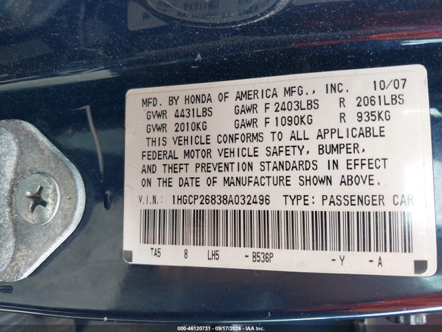 Продажа на аукционе авто 2008 Honda Accord 2.4 Ex-l, vin: 1HGCP26838A032496, номер лота: 46120731