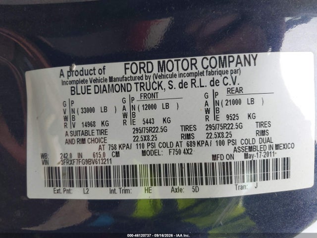 Продажа на аукционе авто 2011 Ford F-750 Xl/xlt, vin: 3FRXF7FG9BV613211, номер лота: 46120737