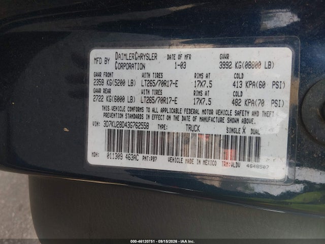 Aukcja sprzedaży 2003 Dodge Ram 2500 Slt/laramie/st, vin: 3D7KU28D43G762558, numer aukcji: 46120751