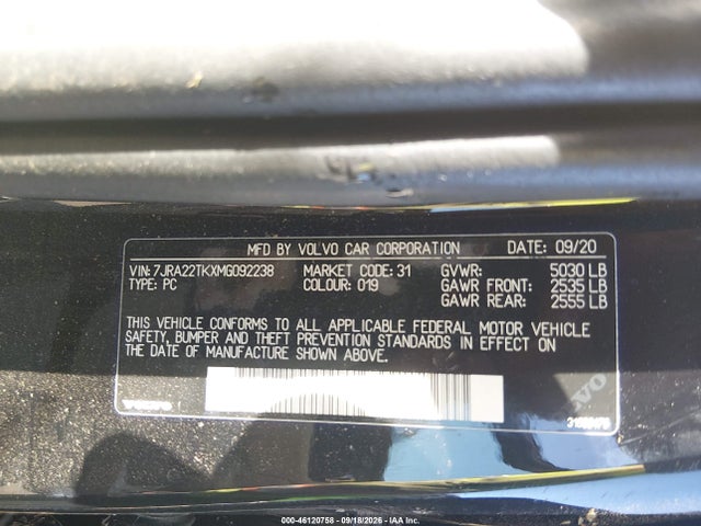 Aukcja sprzedaży 2021 Volvo S60 T6 Momentum, vin: 7JRA22TKXMG092238, numer aukcji: 46120758