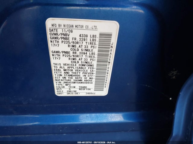 2010 Nissan Rogue Sl მანქანა იყიდება აუქციონზე, vin: JN8AS5MT8AW009659, აუქციონის ნომერი: 46120761