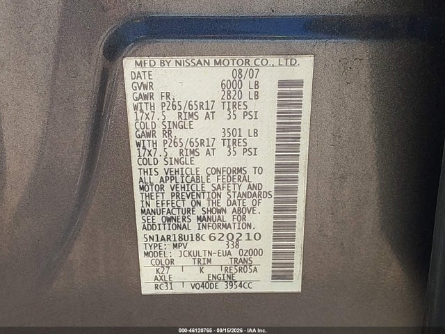 46120765 :رقم المزاد ، 5N1AR18U18C620210 vin ، 2008 Nissan Pathfinder Se مزاد بيع