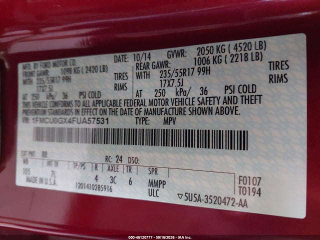 46120777 :رقم المزاد ، 1FMCU0GX4FUA57531 vin ، 2015 Ford Escape Se مزاد بيع
