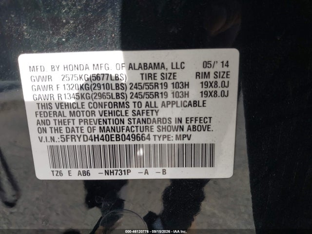 46120776 :رقم المزاد ، 5FRYD4H40EB049664 vin ، 2014 Acura Mdx Technology Package مزاد بيع