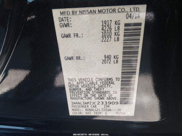 Продаж на аукціоні авто 2018 Nissan Altima 2.5 S, vin: 1N4AL3AP2JC233909, номер лоту: 46120778