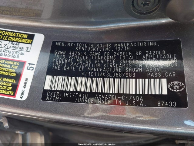 Продажа на аукционе авто 2020 Toyota Camry Le, vin: 4T1C11AK3LU887988, номер лота: 46120781