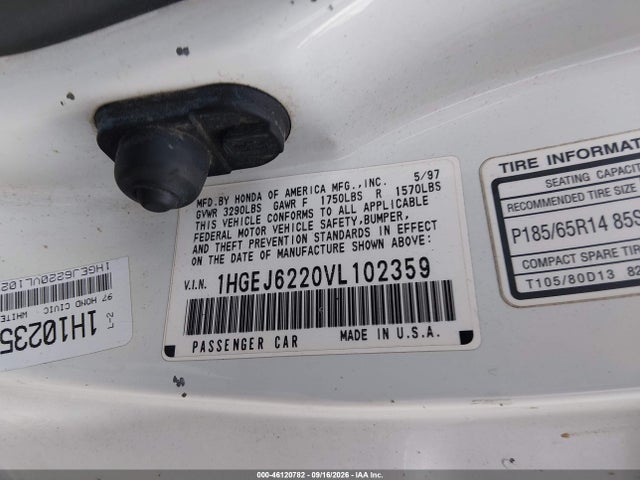 1997 Honda Civic Dx მანქანა იყიდება აუქციონზე, vin: 1HGEJ6220VL102359, აუქციონის ნომერი: 46120782