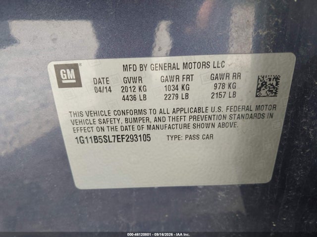 46120801 :رقم المزاد ، 1G11B5SL7EF293105 vin ، 2014 Chevrolet Malibu 1ls مزاد بيع