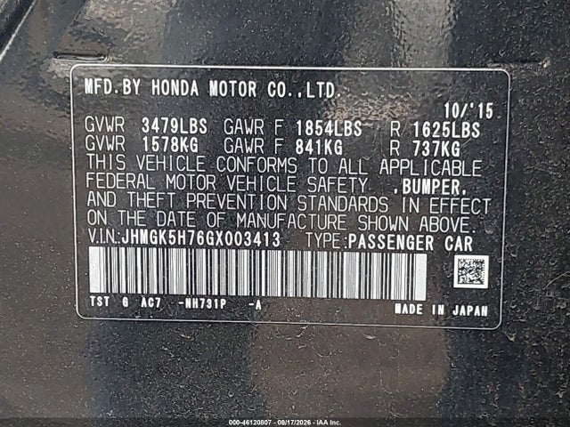 Продажа на аукционе авто 2016 Honda Fit Ex, vin: JHMGK5H76GX003413, номер лота: 46120807
