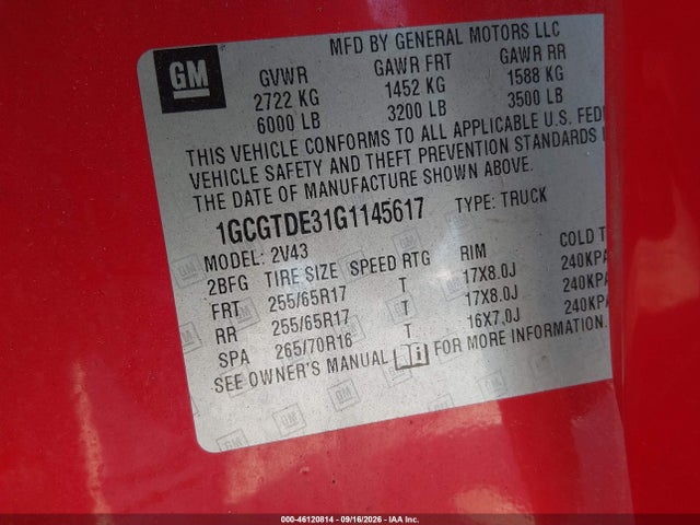 Продаж на аукціоні авто 2016 Chevrolet Colorado Z71, vin: 1GCGTDE31G1145617, номер лоту: 46120814