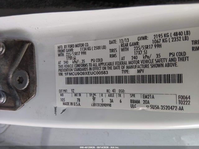 Продажа на аукционе авто 2014 Ford Escape Se, vin: 1FMCU9G9XEUC00583, номер лота: 46120826