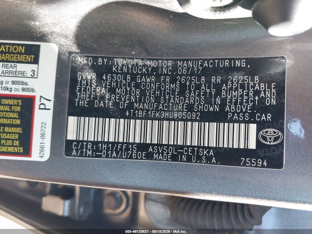 Продаж на аукціоні авто 2017 Toyota Camry Se, vin: 4T1BF1FK3HU805092, номер лоту: 46120827