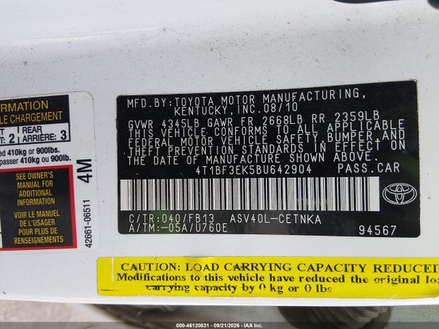 46120831 :رقم المزاد ، 4T1BF3EK5BU642904 vin ، 2011 Toyota Camry Le مزاد بيع