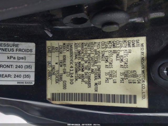 46120836 :رقم المزاد ، 1N6BD06T45C413430 vin ، 2005 Nissan Frontier Xe مزاد بيع