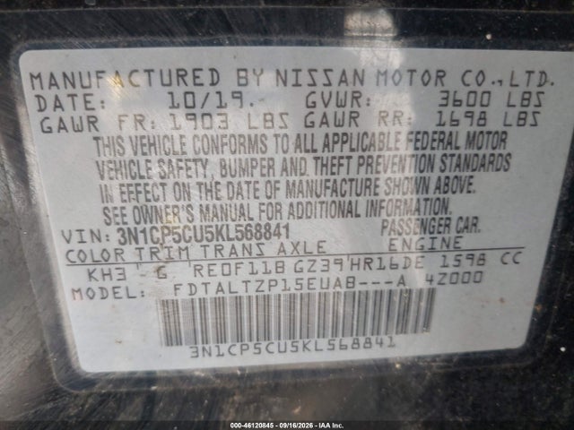 46120845 :رقم المزاد ، 3N1CP5CU5KL568841 vin ، 2019 Nissan Kicks Sr مزاد بيع