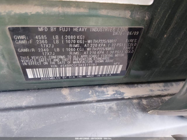 46120850 :رقم المزاد ، 4S4BRCGC3A3311191 vin ، 2010 Subaru Outback 2.5i Premium مزاد بيع