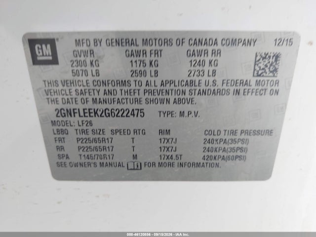 46120856 :رقم المزاد ، 2GNFLEEK2G6222475 vin ، 2016 Chevrolet Equinox Ls مزاد بيع