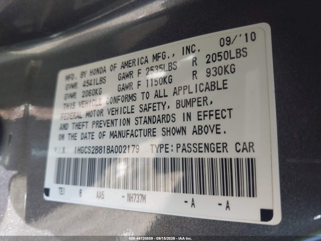 Продаж на аукціоні авто 2011 Honda Accord 3.5 Ex-l, vin: 1HGCS2B81BA002179, номер лоту: 46120859