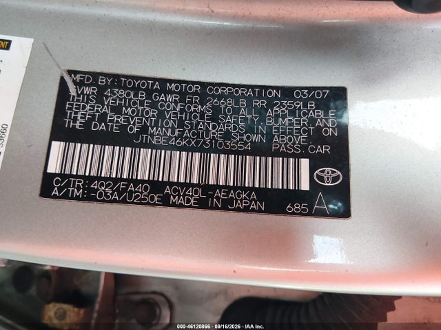46120866 :رقم المزاد ، JTNBE46KX73103554 vin ، 2007 Toyota Camry Xle مزاد بيع