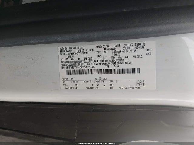 2016 Ford Transit-150 მანქანა იყიდება აუქციონზე, vin: 1FTYE1YM5GKA61909, აუქციონის ნომერი: 46120868