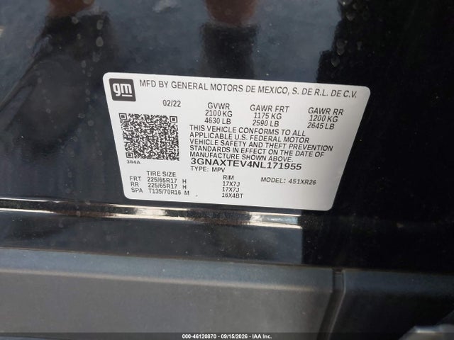 Продаж на аукціоні авто 2022 Chevrolet Equinox Awd 2fl, vin: 3GNAXTEV4NL171955, номер лоту: 46120870