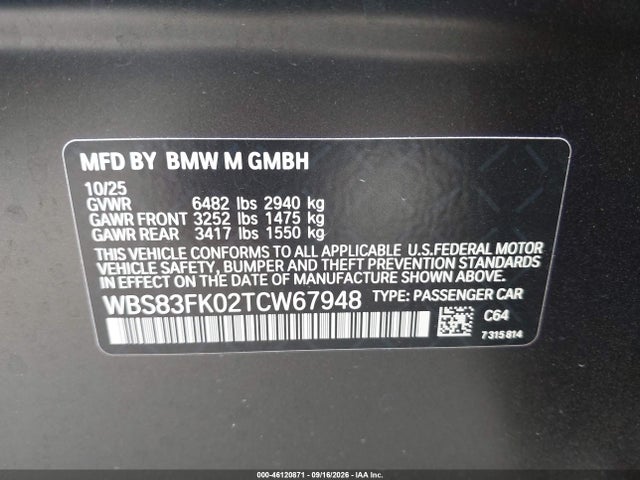 46120871 :رقم المزاد ، WBS83FK02TCW67948 vin ، 2026 Bmw M5 مزاد بيع