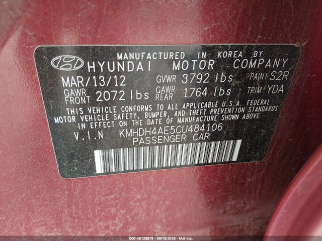 46120878 :رقم المزاد ، KMHDH4AE5CU484106 vin ، 2012 Hyundai Elantra Limited (ulsan Plant) مزاد بيع