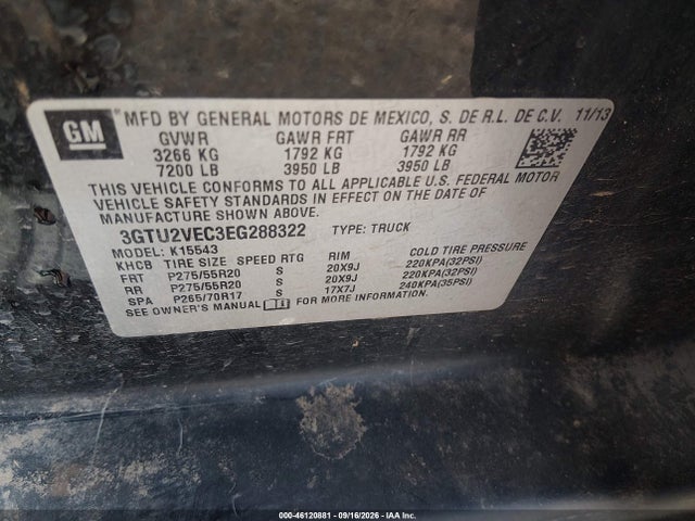 Aukcja sprzedaży 2014 Gmc Sierra 1500 Slt, vin: 3GTU2VEC3EG288322, numer aukcji: 46120881